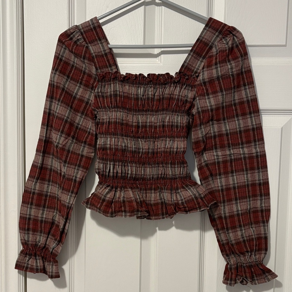 Plaid Smocked Blouse - Red